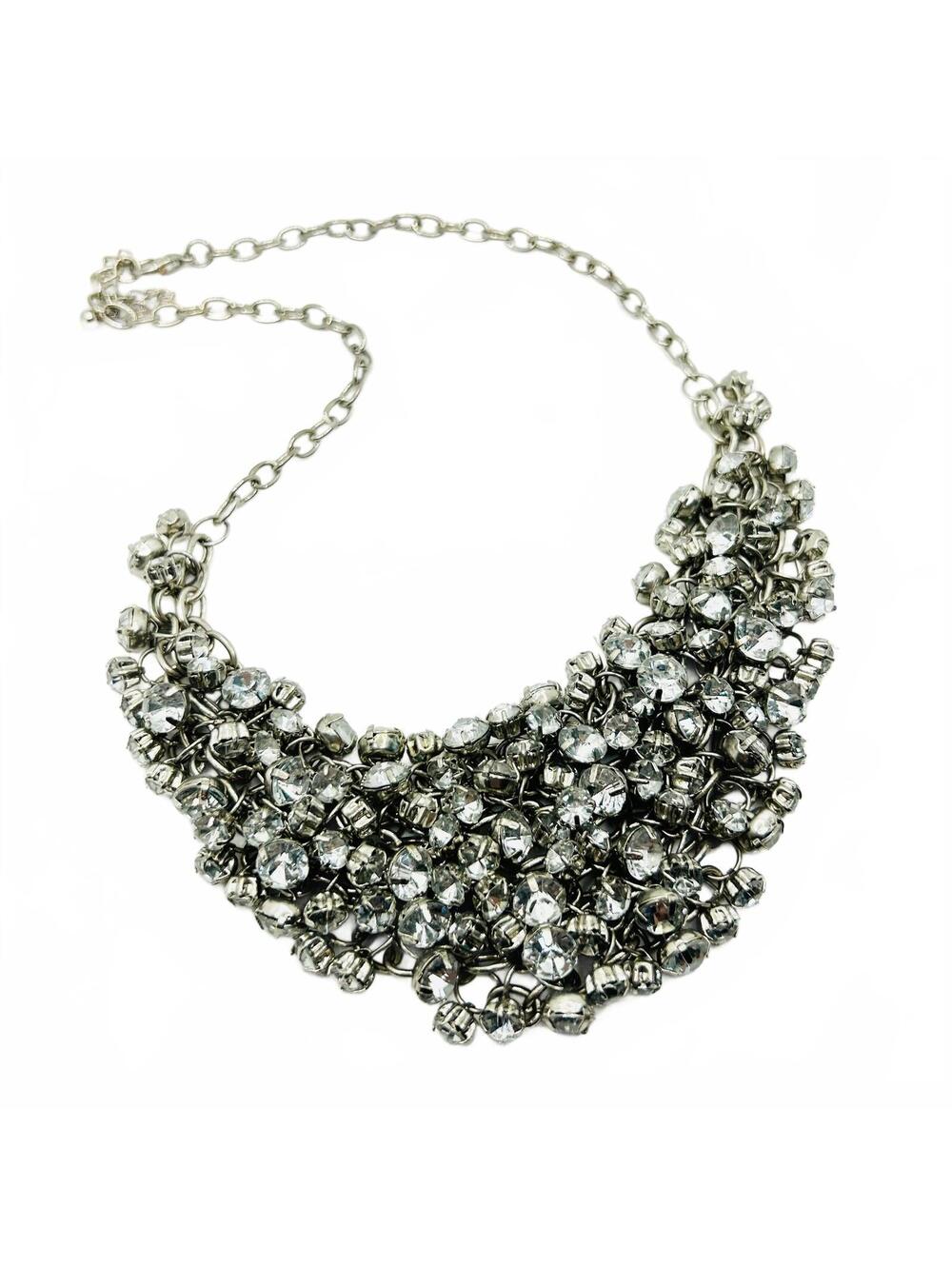 Y2k Silver White Rhinestone Crystal Chain Link Bib Glam Bling Costume Necklace